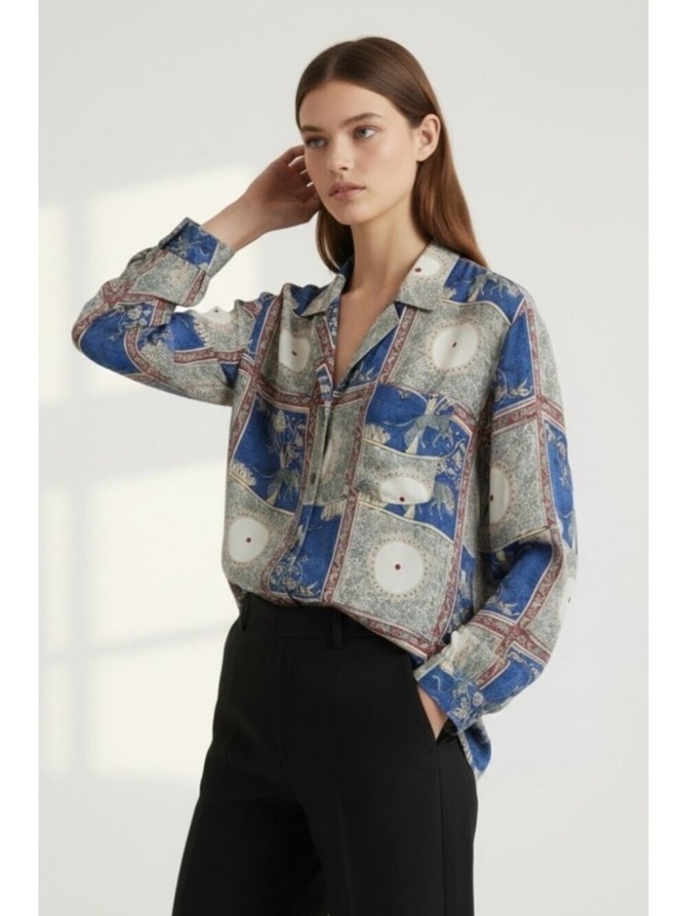 Vintage Nicola Blue Graphic Print Button Front Shirt Artsy Retro XL